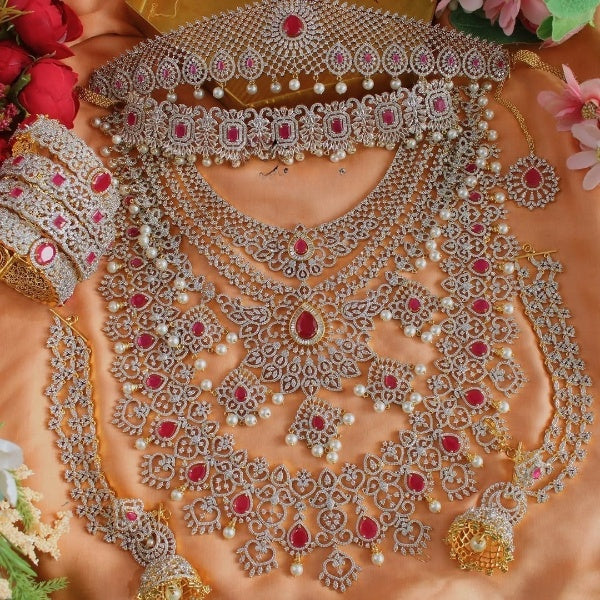 Super grand luxury diamond set neckband with big earrings , tikka and diamond nath