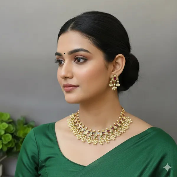 Ruby Green Floral Moti Necklace Set For Women