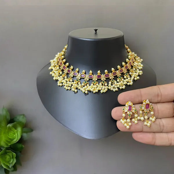 Ruby Green Floral Moti Necklace Set For Women