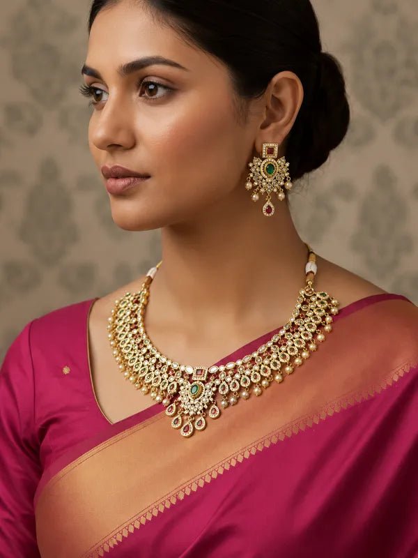 Royal Nawabi Polki Necklace Set with Earrings for Women