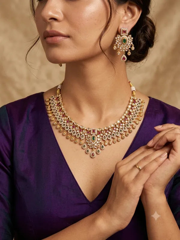 Royal Nawabi Polki Necklace Set with Earrings for Women