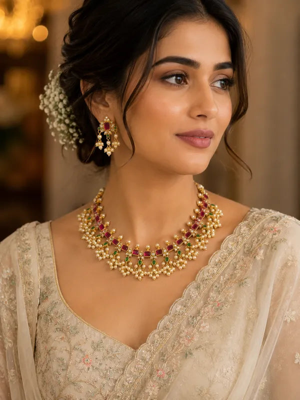 Ruby Green Floral Moti Necklace Set For Women